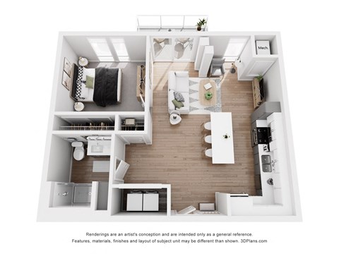 Floor plan for 1 bed, 1 bath, 764 sqft